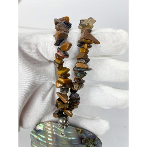 Vintage Abalone Medallion Disc Necklace Tigers Eye chips polished stones Brown - Picture 4 of 12